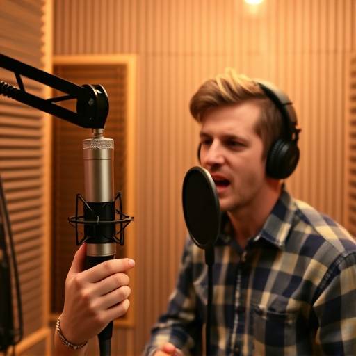 Attore che esegue un doppiaggio in una cabina insonorizzata con un microfono.